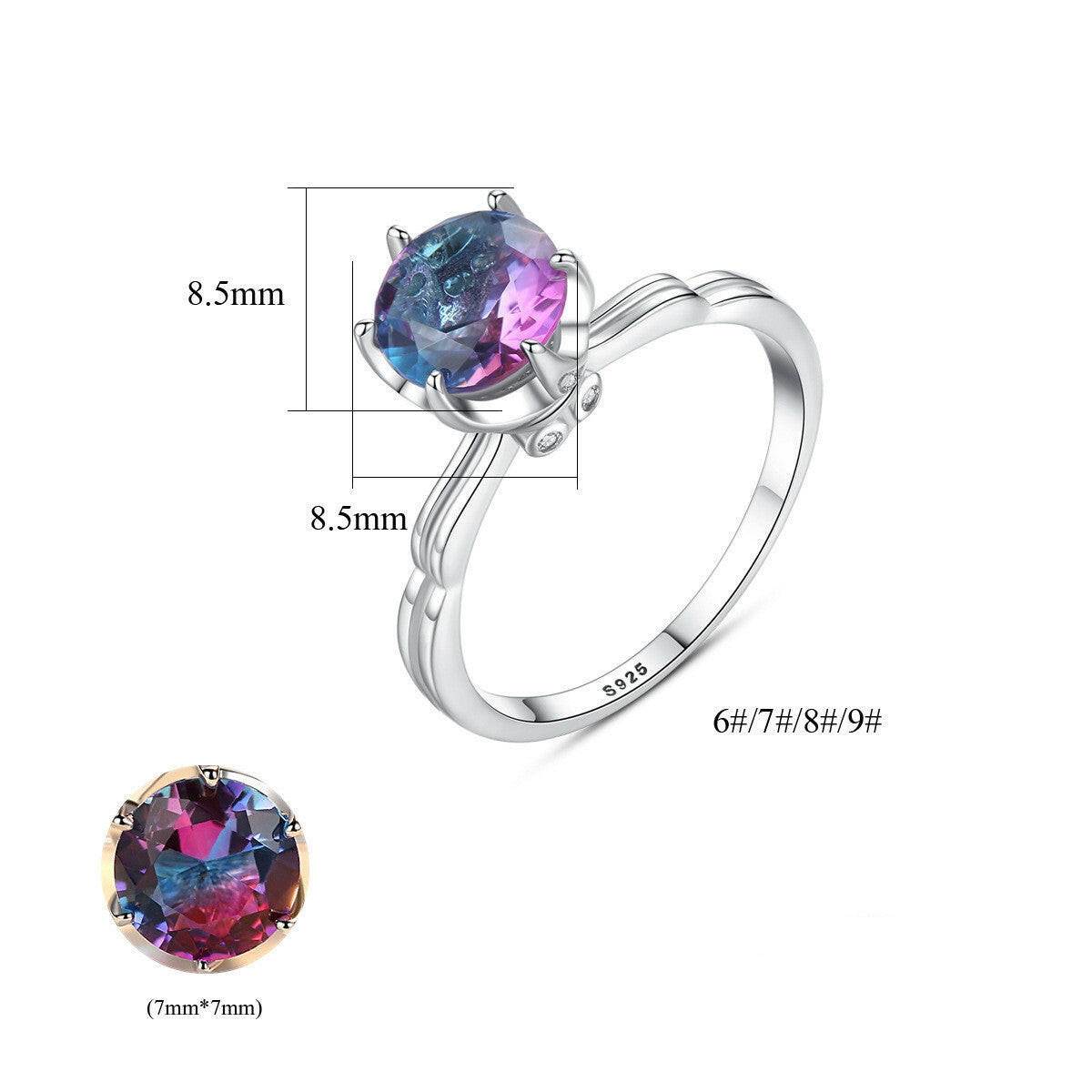 Silver Geometric Rainbow Gem Ring for Women Iridescent stone