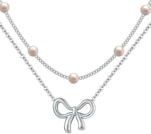 Women's Minimalist Pearl Bow Necklace - Elegant Fashion Jewelry Silver