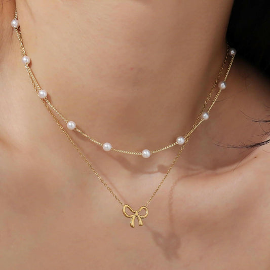 Women's Minimalist Pearl Bow Necklace - Elegant Fashion Jewelry