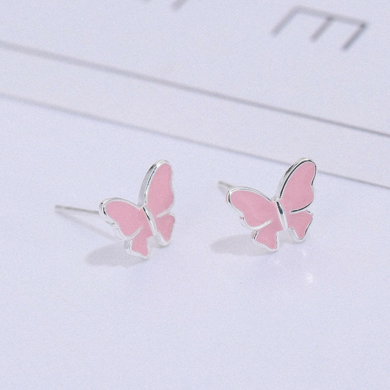 Sterling Silver Butterfly Stud Earrings - Korean Fashion