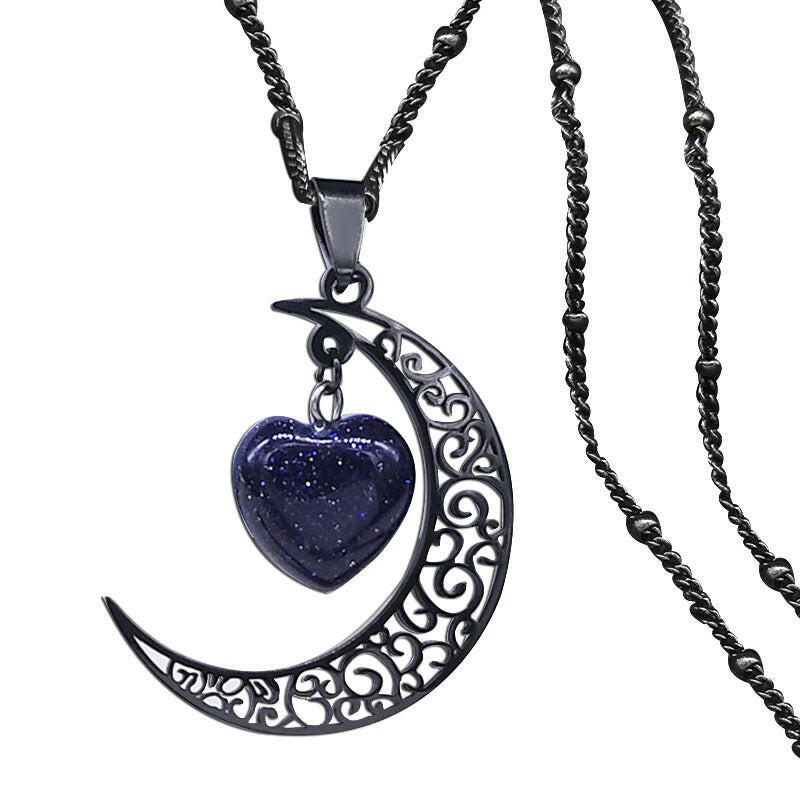 Vintage Moon Heart Necklace - Natural Stone & Stainless Steel