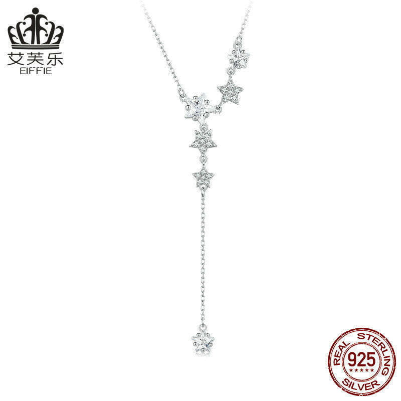 Sterling Silver Pentagram Tassel Necklace - White Gold Plated BSN368 Silver