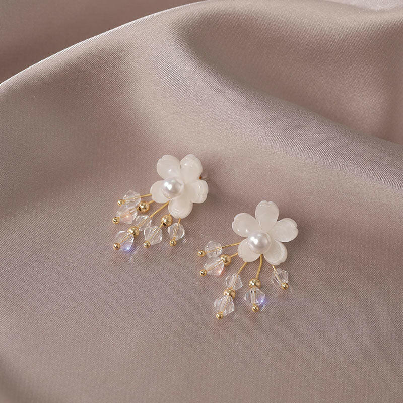 Flower Tassel Earrings - Alloy/Silver/Gold Plated White