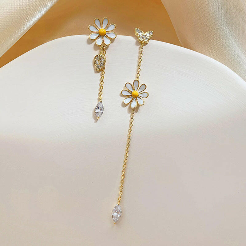 Flower Rhinestone Long Tassel Earrings