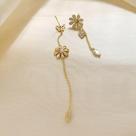 Flower Rhinestone Long Tassel Earrings
