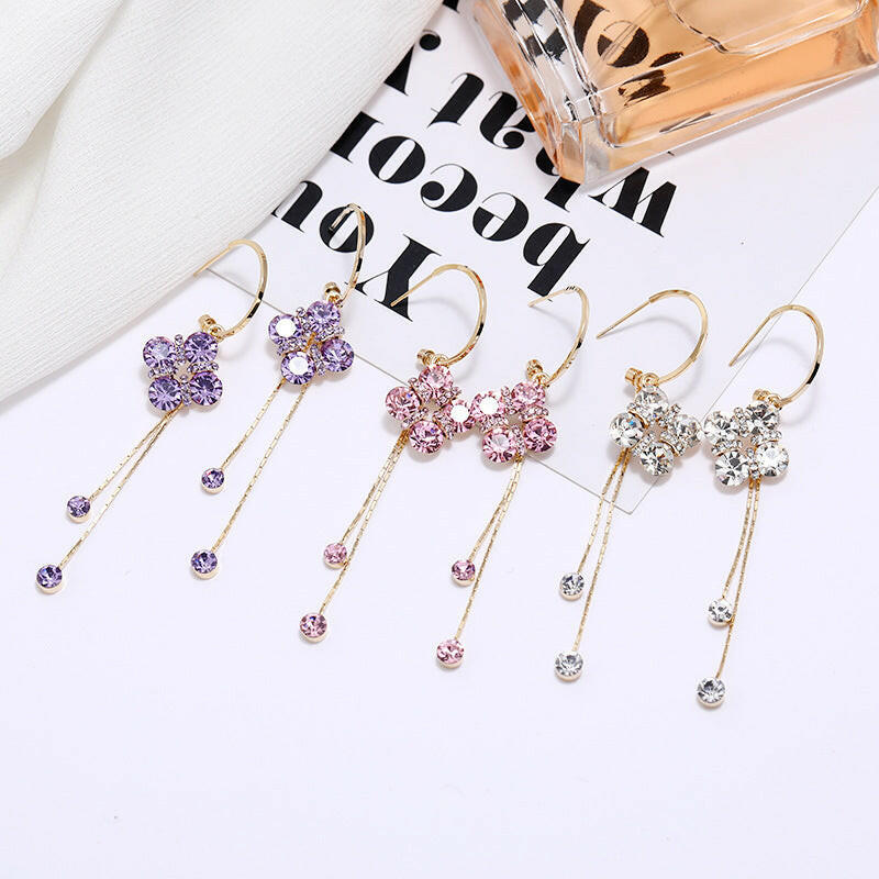 Crystal Flower Tassel Earrings for Women