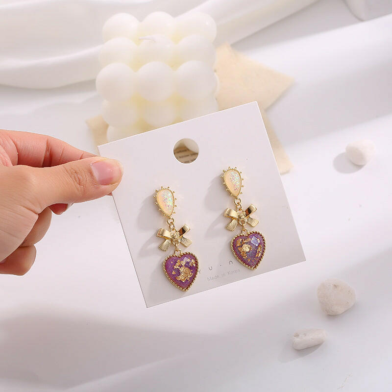 High-Quality Resin Heart-Shaped Bow Earrings
