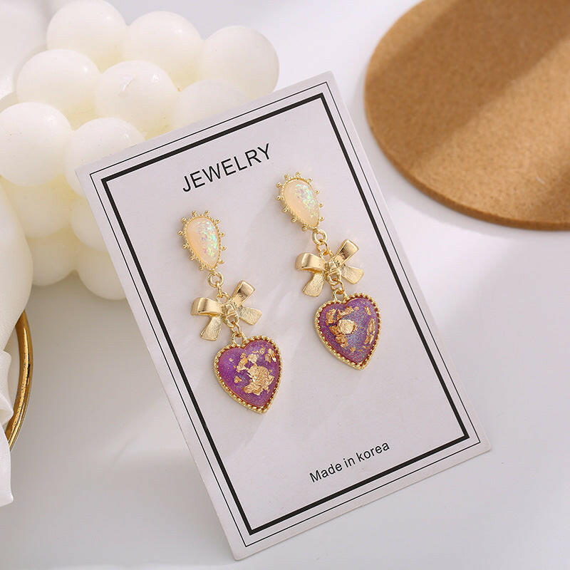 High-Quality Resin Heart-Shaped Bow Earrings Color s925 silver needle