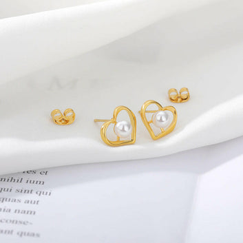 Pearl Love Hollow Heart Earrings - Stainless Steel