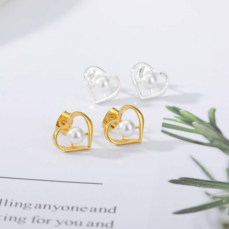 Pearl Love Hollow Heart Earrings - Stainless Steel