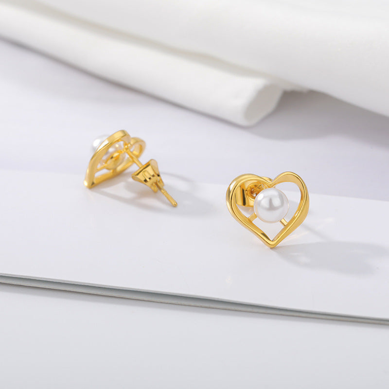 Pearl Love Hollow Heart Earrings - Stainless Steel