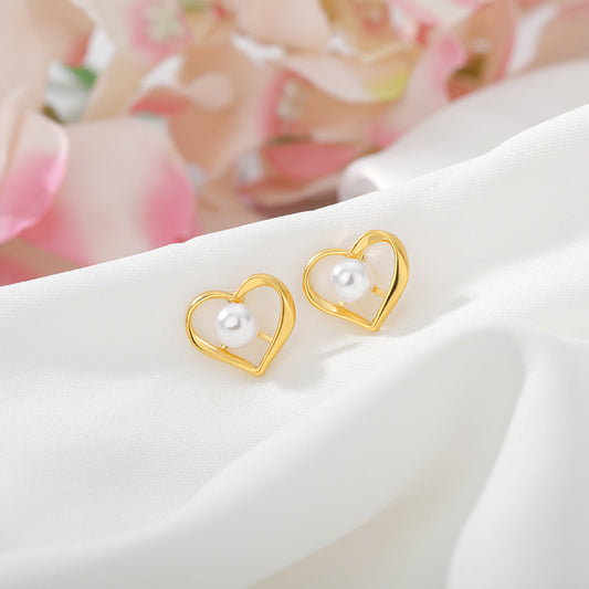 Pearl Love Hollow Heart Earrings - Stainless Steel