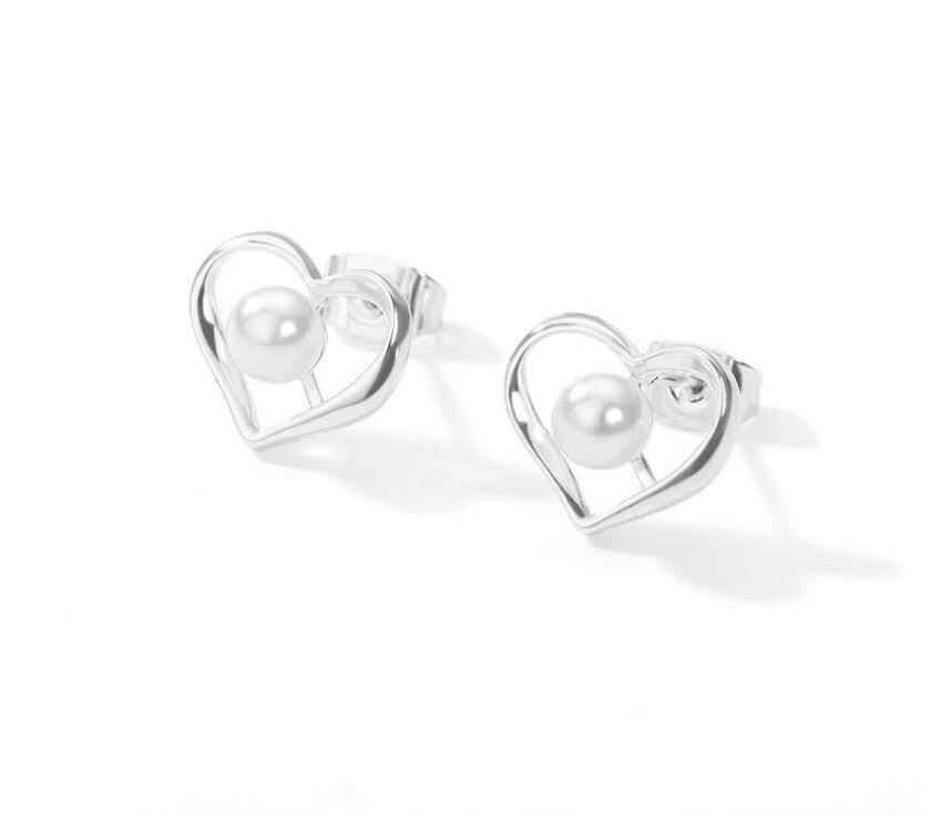 Pearl Love Hollow Heart Earrings - Stainless Steel Silver