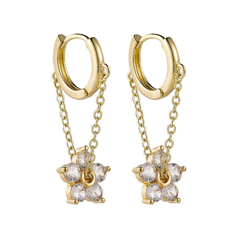 Early Spring Korean Flower Zircon Chain Earrings Golden