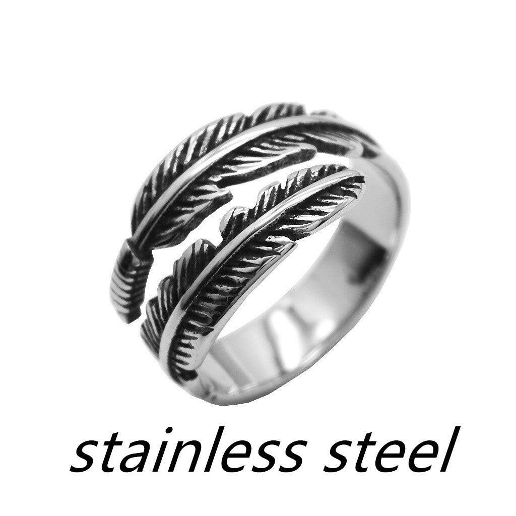 Retro Feather Open Ring Stainless steel
