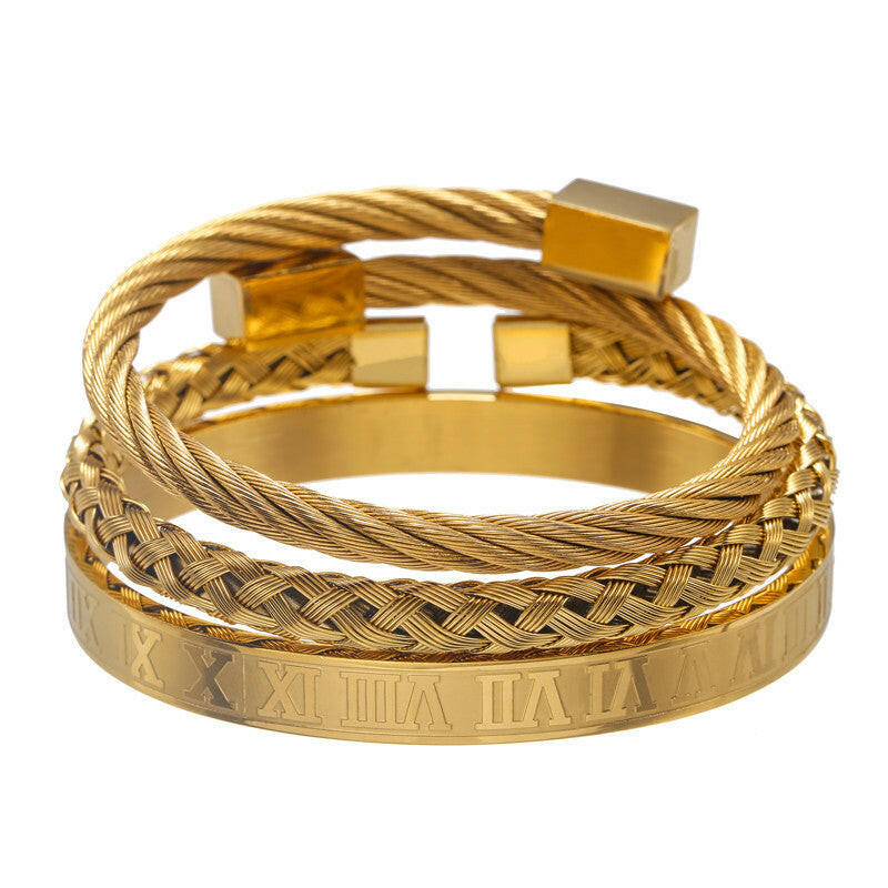 Set of 3 Unisex Geometric Stainless Steel Bracelets Gold