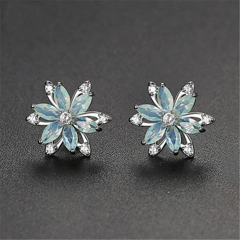 Korean Stainless Steel Zircon Flower Earrings Silver