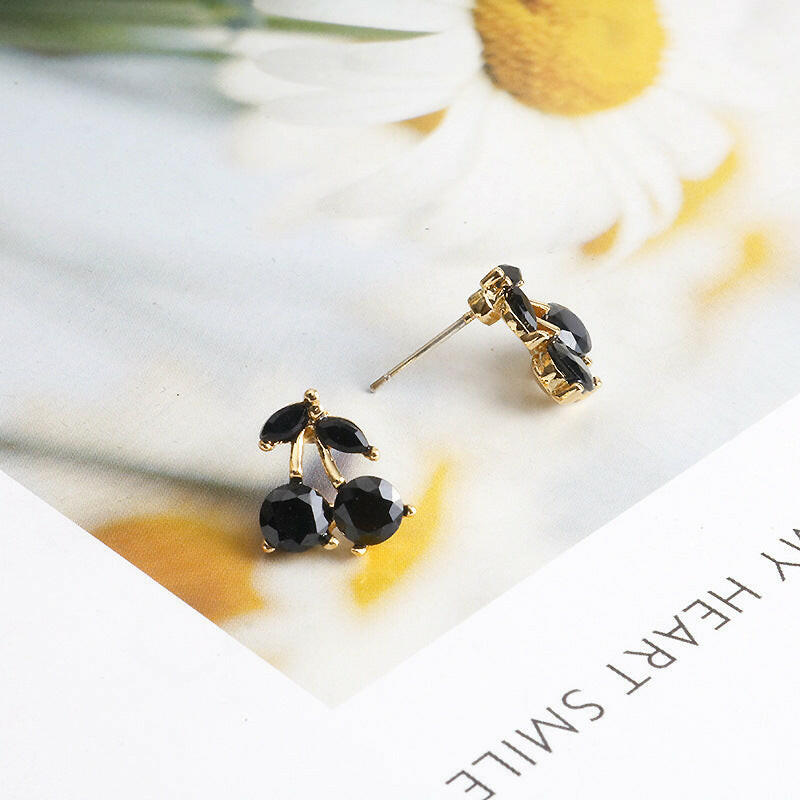 Cute Cherry Earrings for Women - Black Alloy with Gems