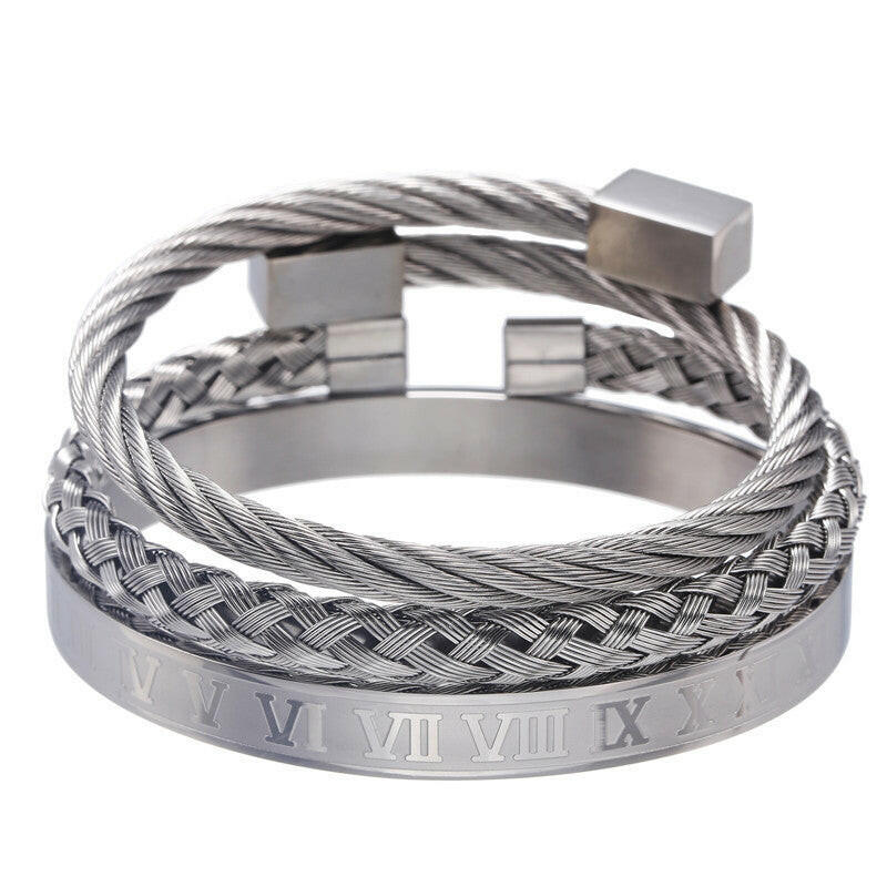 Set of 3 Unisex Geometric Stainless Steel Bracelets Silver
