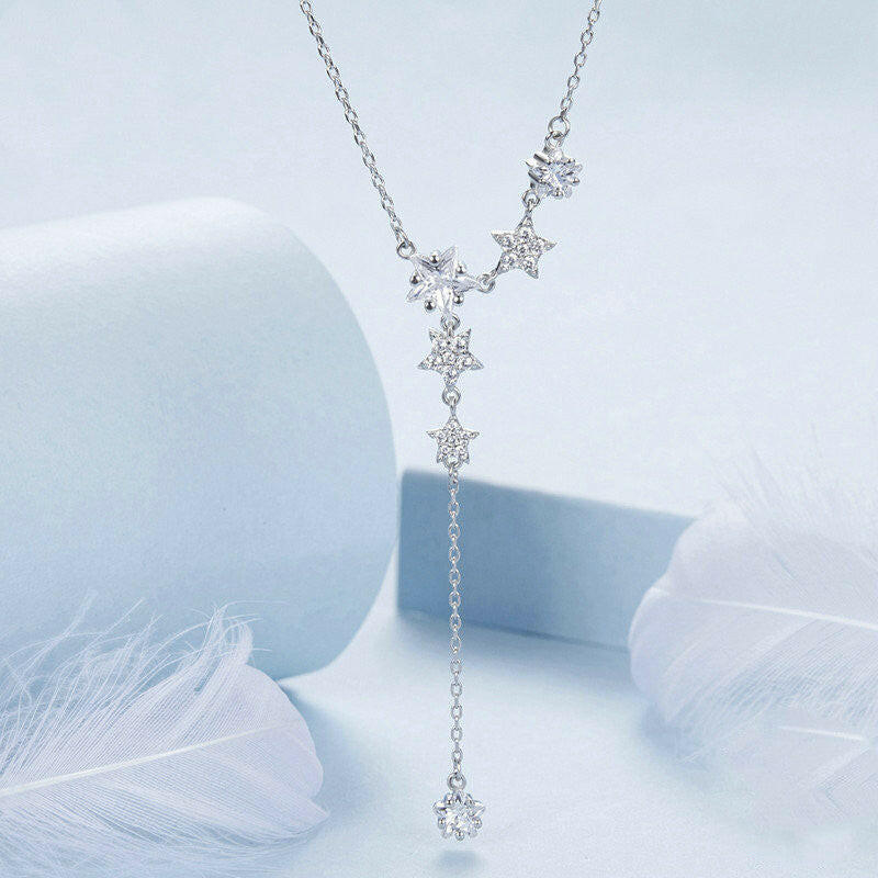 Sterling Silver Pentagram Tassel Necklace - White Gold Plated