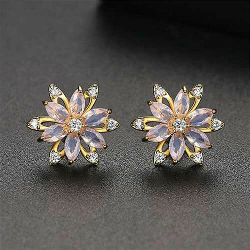 Korean Stainless Steel Zircon Flower Earrings Gold