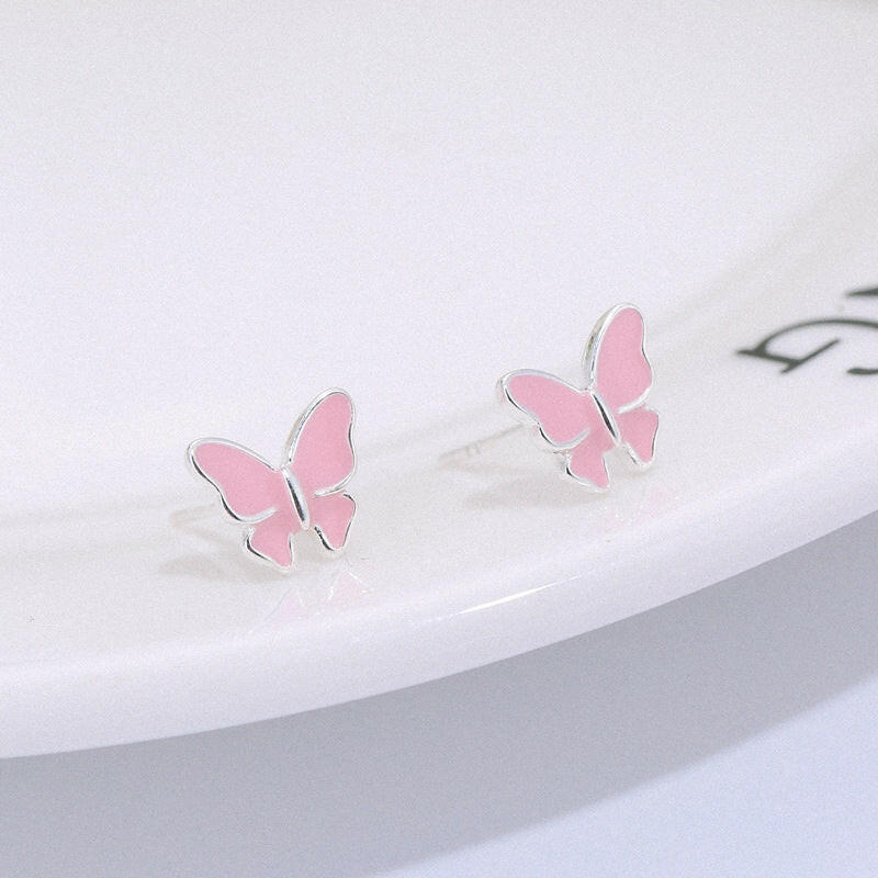 Sterling Silver Butterfly Stud Earrings - Korean Fashion