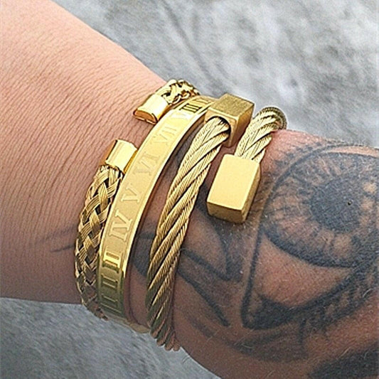 Set of 3 Unisex Geometric Stainless Steel Bracelets