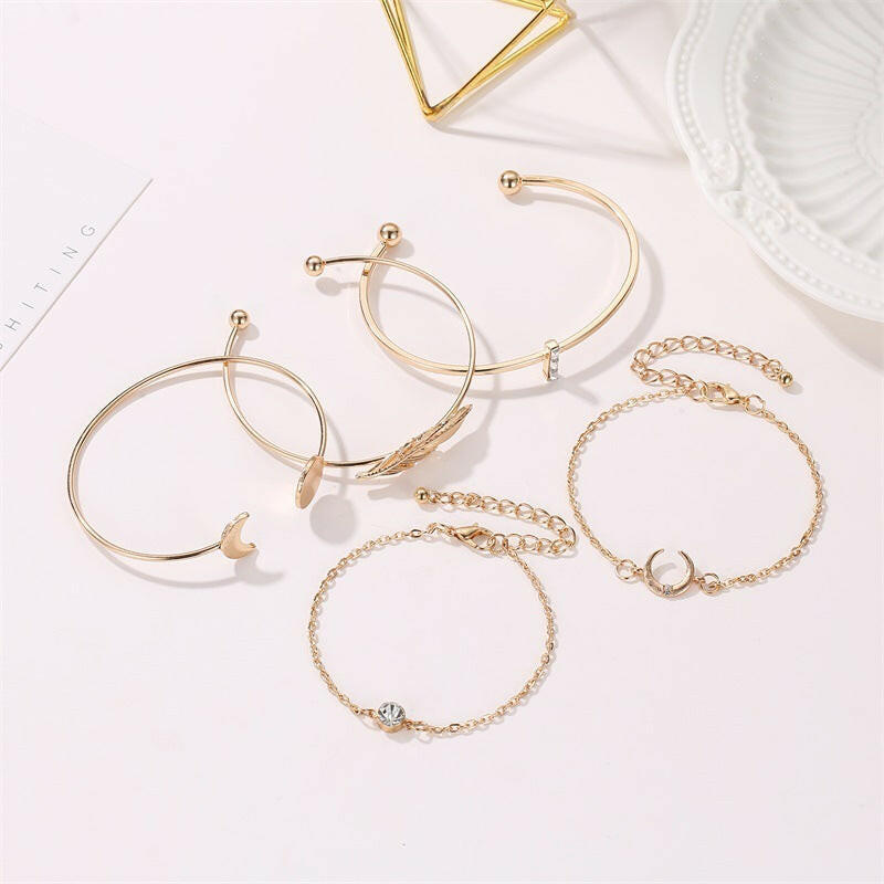 Five Piece Boho Punk Moon Leaf Crystal Bracelet Set