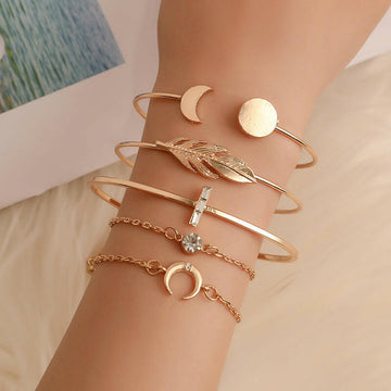 Five Piece Boho Punk Moon Leaf Crystal Bracelet Set Gold