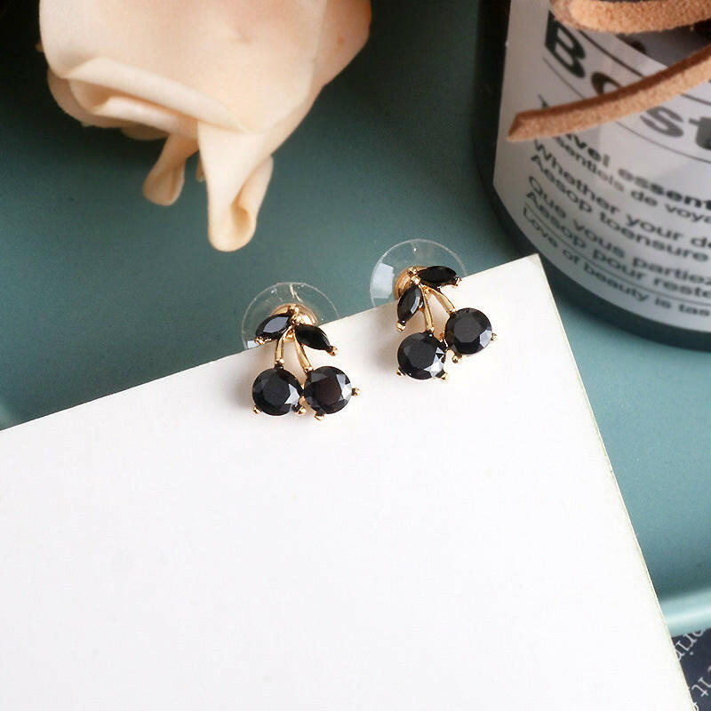 Cute Cherry Earrings for Women - Black Alloy with Gems