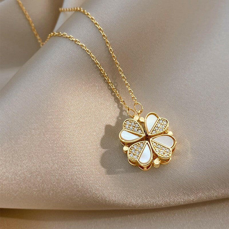 Luxury Four Leaf Clover Heart Pendant Necklace Gold