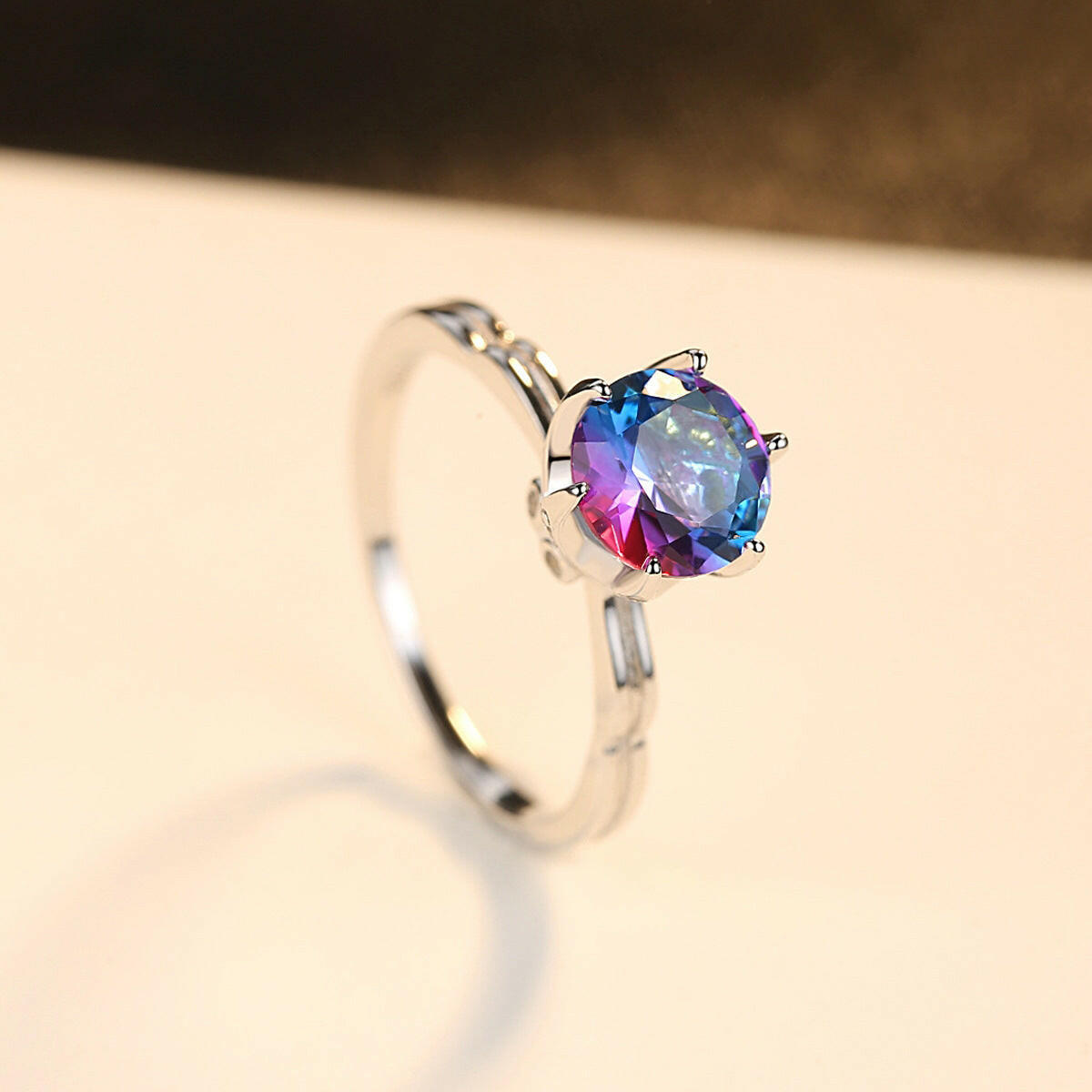 Silver Geometric Rainbow Gem Ring for Women