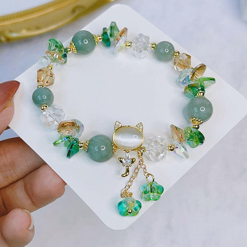 Inlaid Cat Fashion Bracelet with Artificial Crystals Green