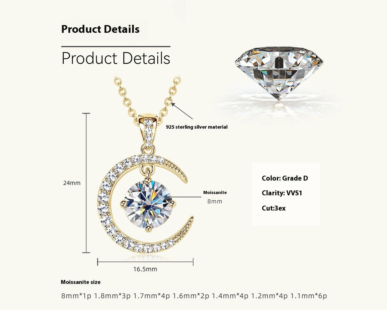 Women's Minimalist Moissanite Crescent Pendant Necklace Gold 231 Karat