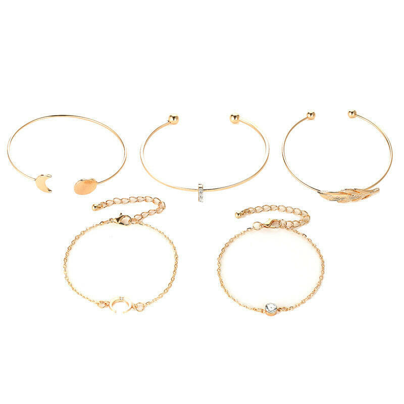 Five Piece Boho Punk Moon Leaf Crystal Bracelet Set