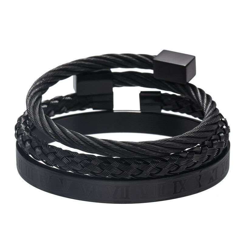 Set of 3 Unisex Geometric Stainless Steel Bracelets Black