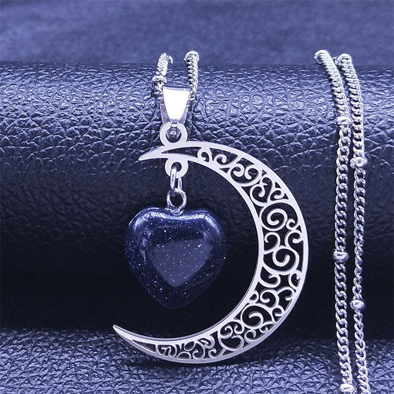Vintage Moon Heart Necklace - Natural Stone & Stainless Steel Silver 50CM