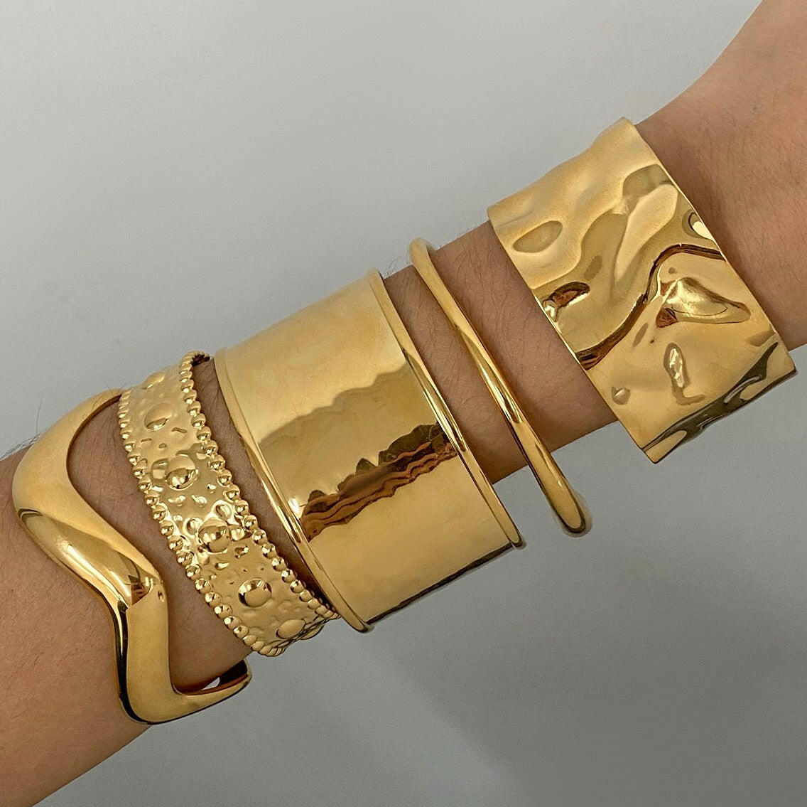18K Gold Geometric Wide Surface Textured Bracelet