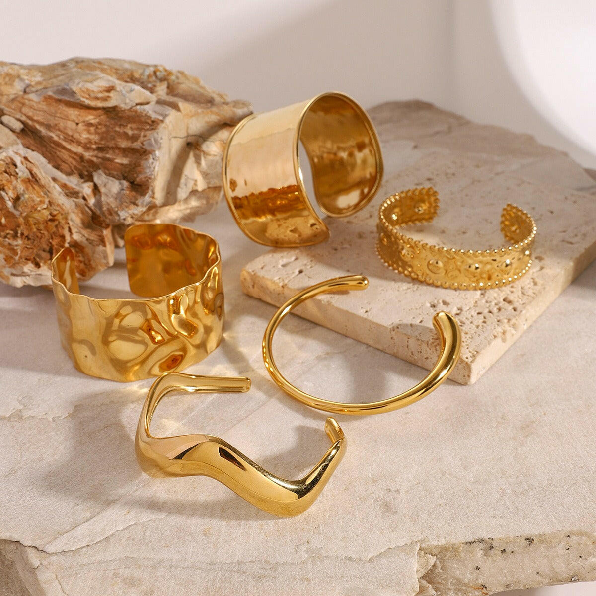 18K Gold Geometric Wide Surface Textured Bracelet