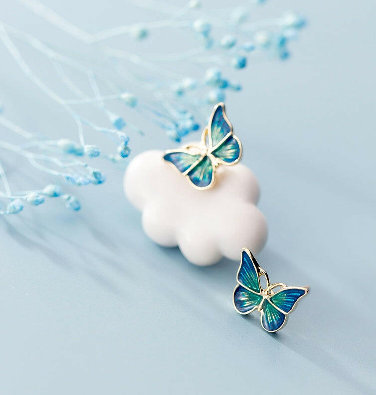 Elegant 925 Silver Butterfly Stud Earrings Blue