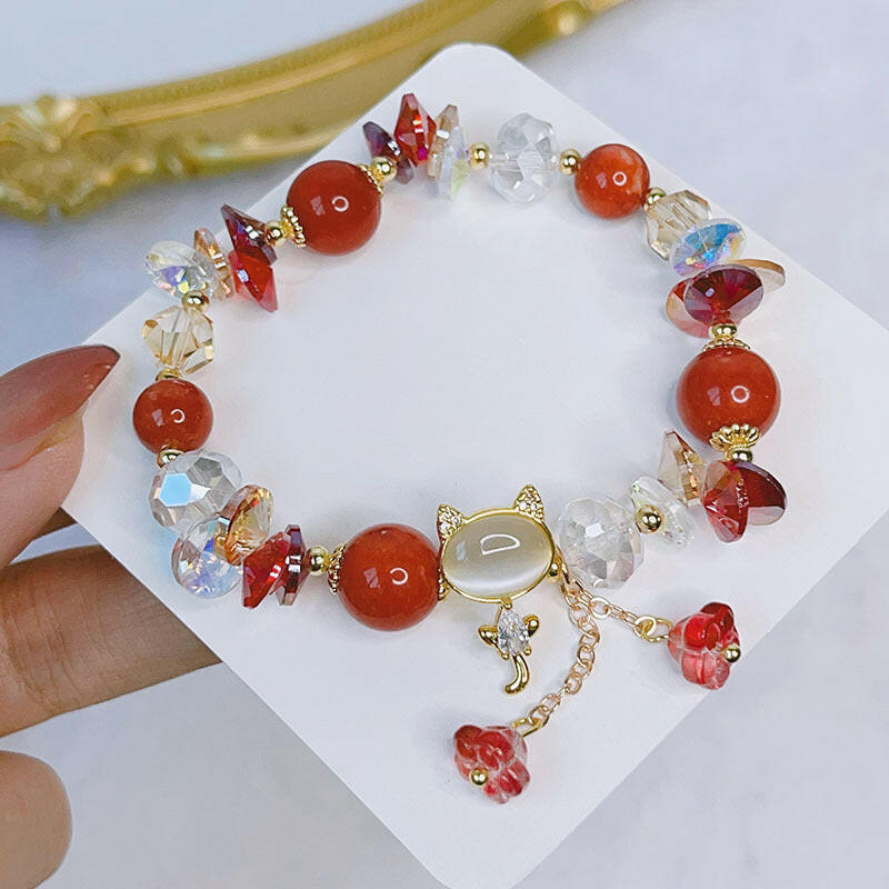 Inlaid Cat Fashion Bracelet with Artificial Crystals Red