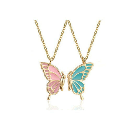 2pcs Geometric Butterfly Necklace Set Pink And Blue