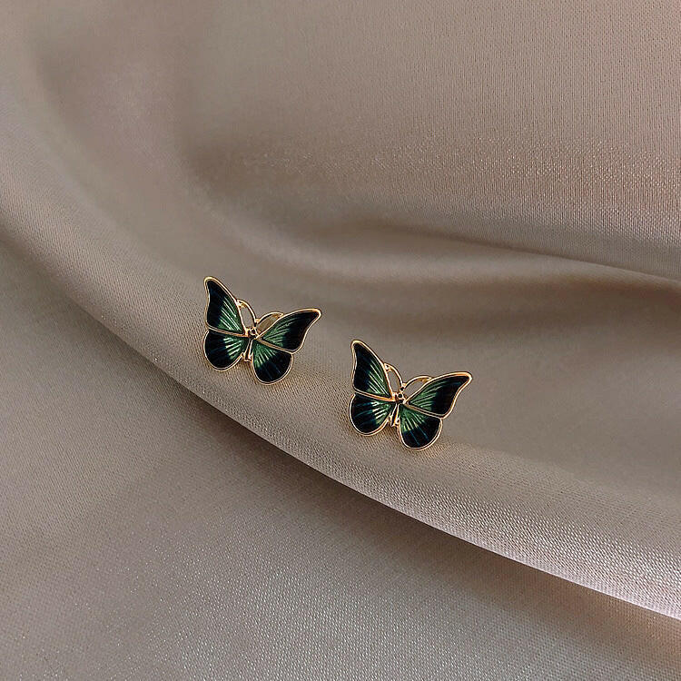 Elegant 925 Silver Butterfly Stud Earrings Green