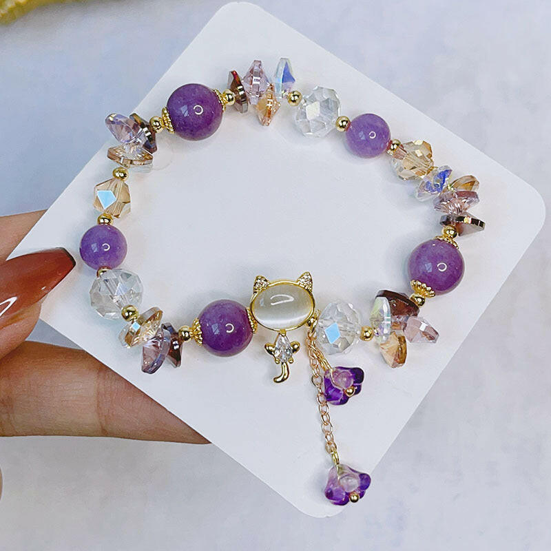 Inlaid Cat Fashion Bracelet with Artificial Crystals Purple