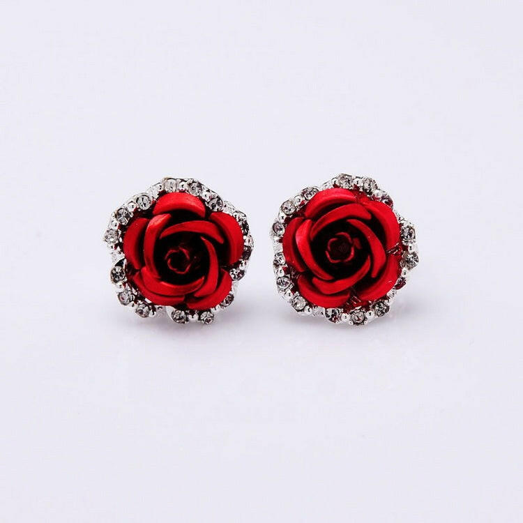 Wholesale Rose Flower Ear Clip Earrings Red