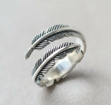 Retro Feather Open Ring Sliver 925 Ajustable