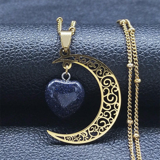 Vintage Moon Heart Necklace - Natural Stone & Stainless Steel
