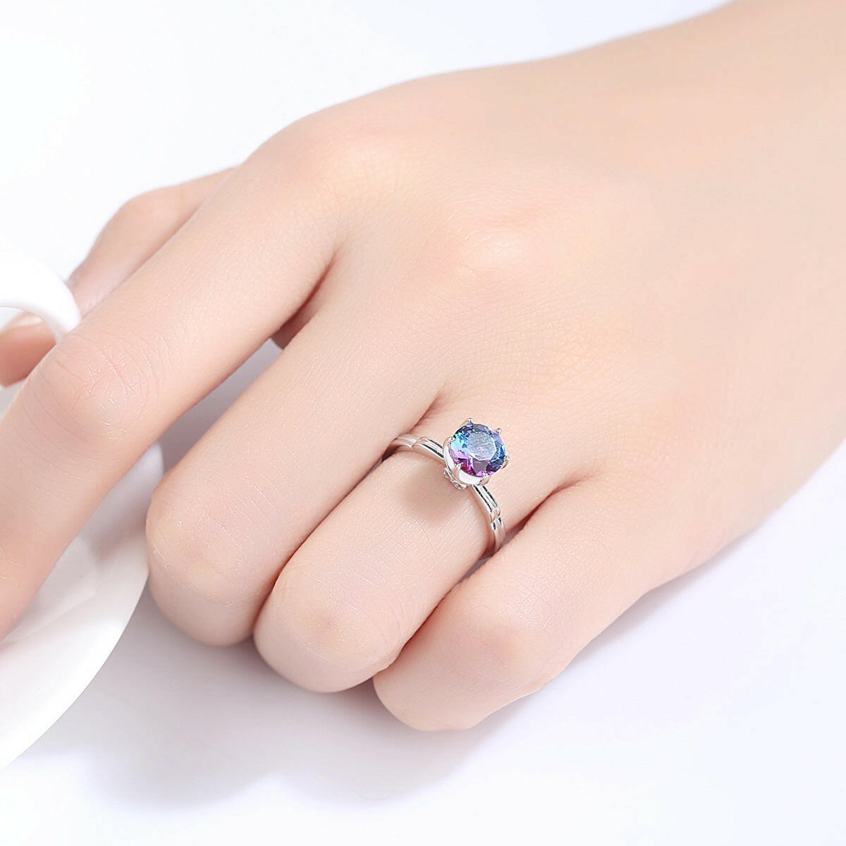 Silver Geometric Rainbow Gem Ring for Women