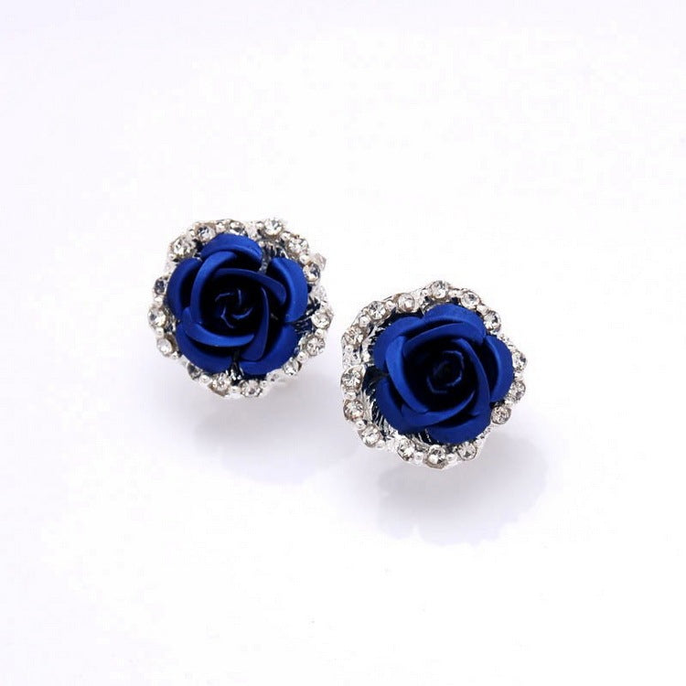 Wholesale Rose Flower Ear Clip Earrings Dark Blue