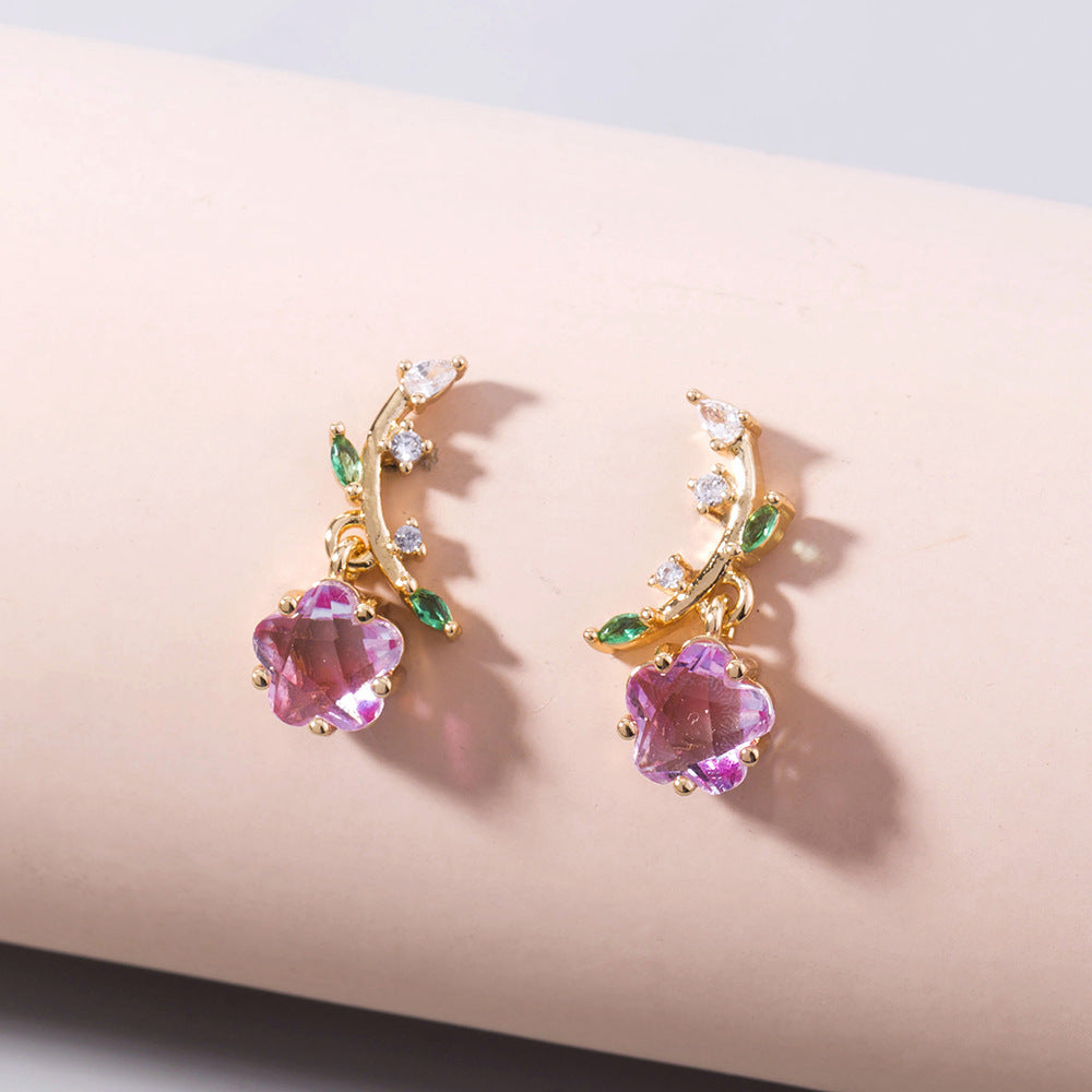 Plum Blossom Zircon Leaf Flower Earrings for Women